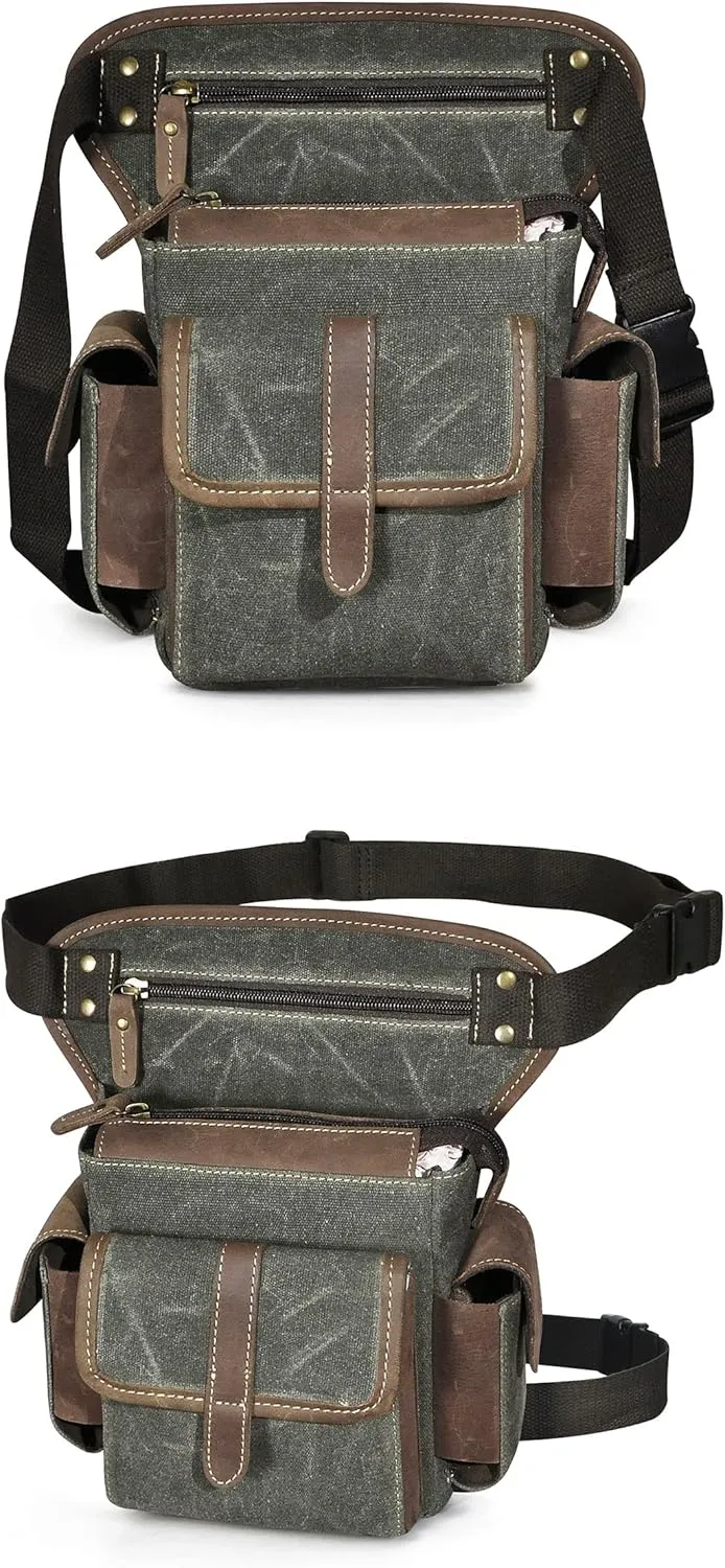 Water Resistant Canvas   Leather Motorcycle Travel Fanny Waist Pack Drop Thigh Leg Bag Pouch For Men Women FB913-5