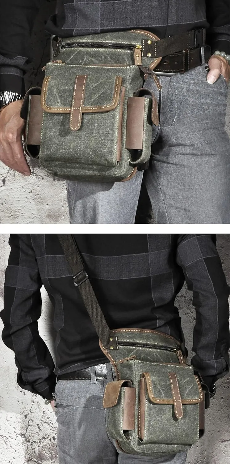 Water Resistant Canvas   Leather Motorcycle Travel Fanny Waist Pack Drop Thigh Leg Bag Pouch For Men Women FB913-5