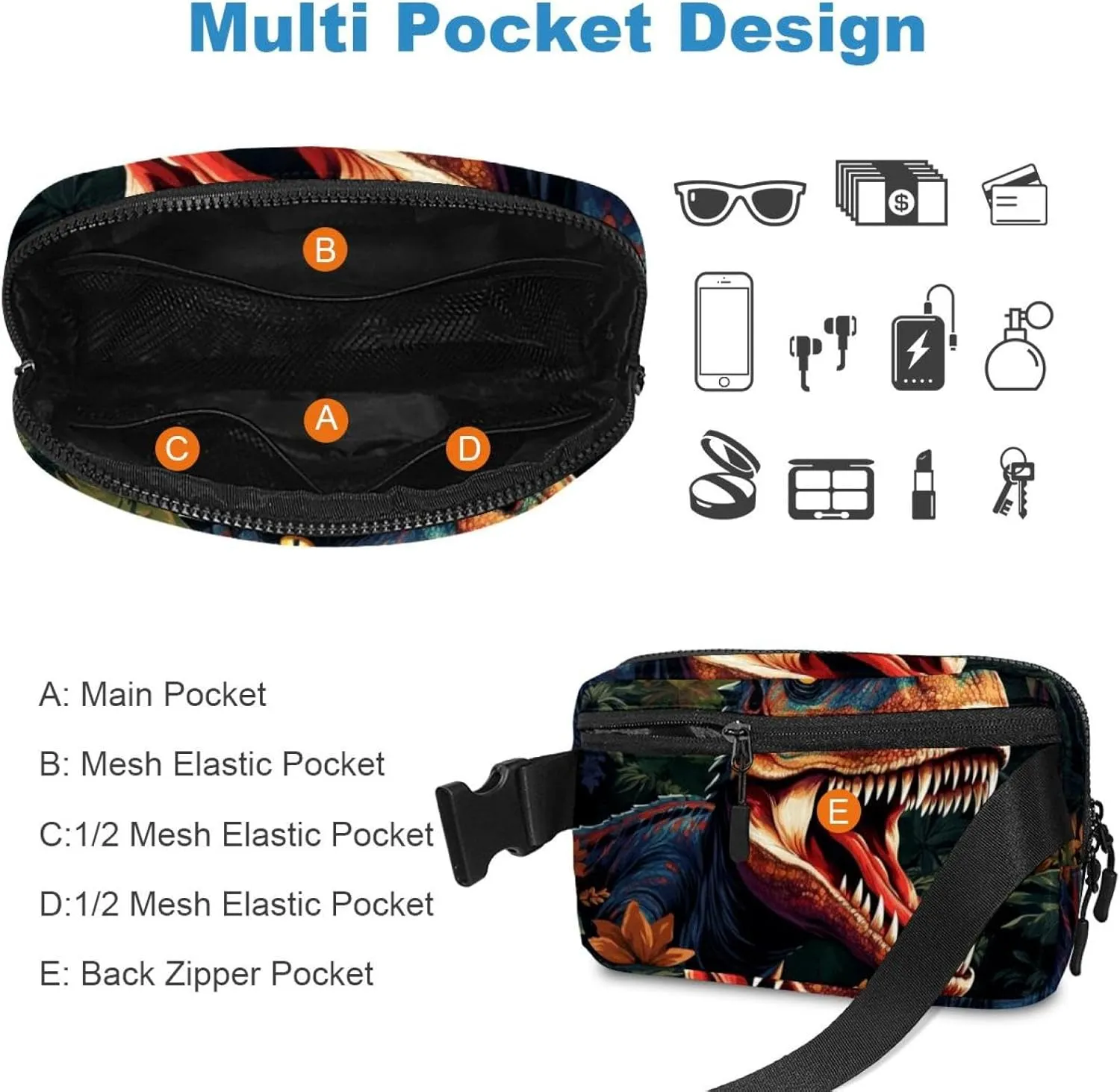 Waterproof Fanny Pack Black Belt Bag with Adjustable Strap for Women and Men,Morning Dinosaur Crossbody Fanny Bag with Zipper for Hiking Running Travel