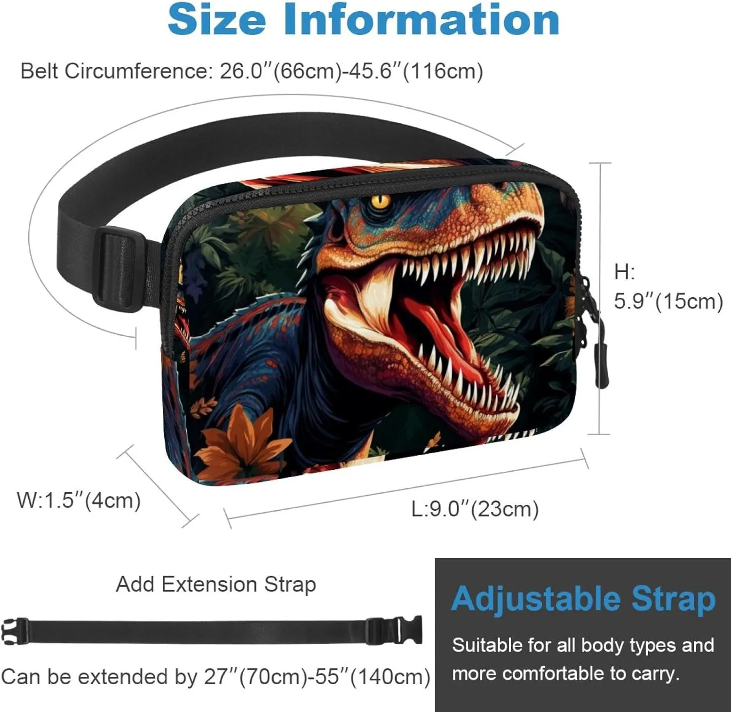 Waterproof Fanny Pack Black Belt Bag with Adjustable Strap for Women and Men,Morning Dinosaur Crossbody Fanny Bag with Zipper for Hiking Running Travel