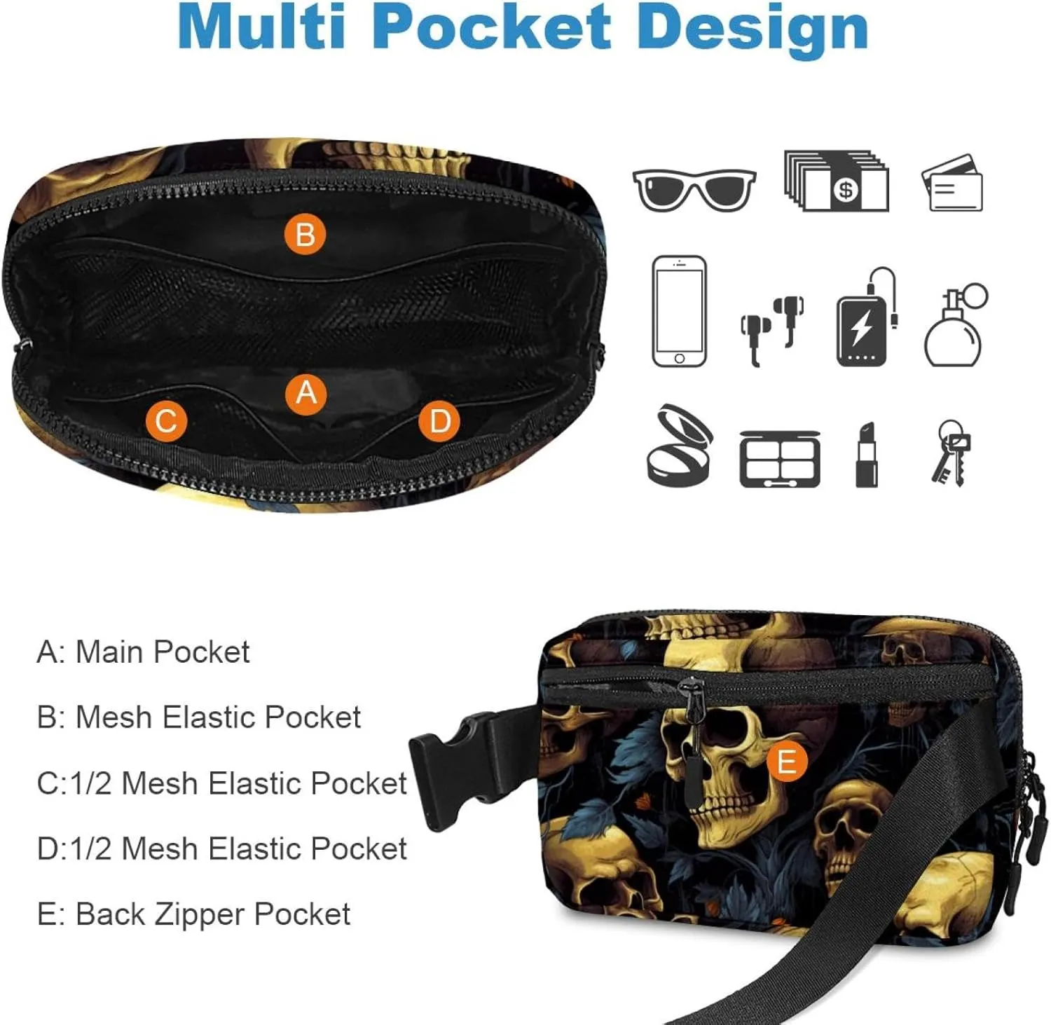 Waterproof Fanny Pack Black Belt Bag with Adjustable Strap for Women and Men,Skull G Crossbody Fanny Bag with Zipper for Hiking Running Travel