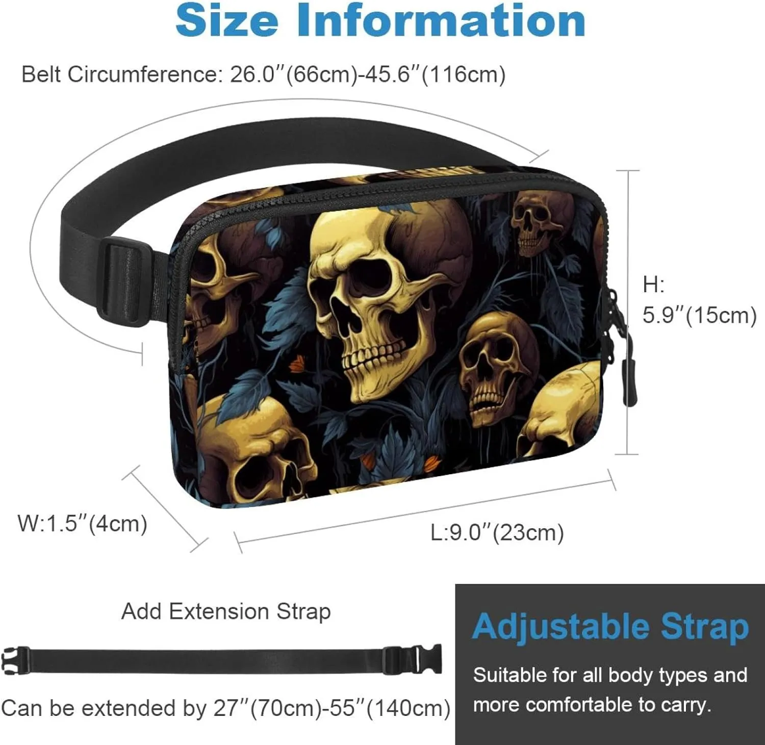 Waterproof Fanny Pack Black Belt Bag with Adjustable Strap for Women and Men,Skull G Crossbody Fanny Bag with Zipper for Hiking Running Travel