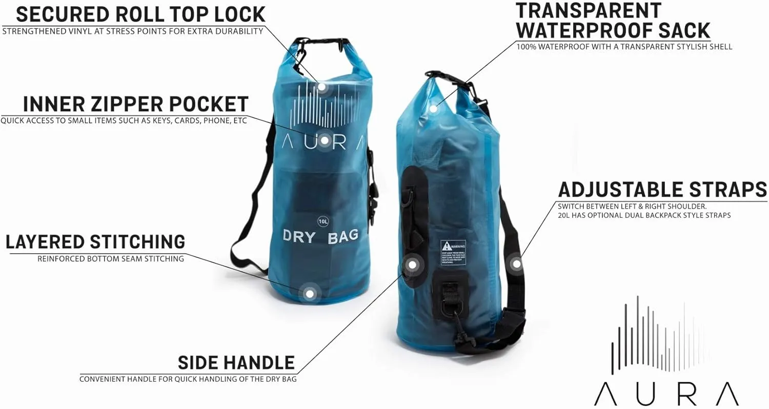 Waterproof Semi-transparent Dry Bag - 10L/20L Dry Bag Backpack - Zipper Compartment, Handles, Straps - Black, Blue, Green, Red - Transparent Dry Bag for Kayaking, Swimming, Beach, Rafting