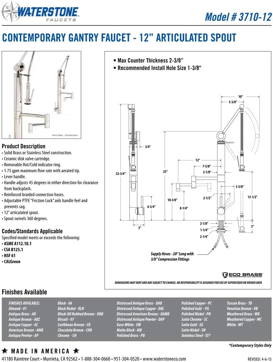 Waterstone 3710-12-3-AMB Contemporary Gantry Faucet 12" Articulated Spout 3pc. Suite American Bronze