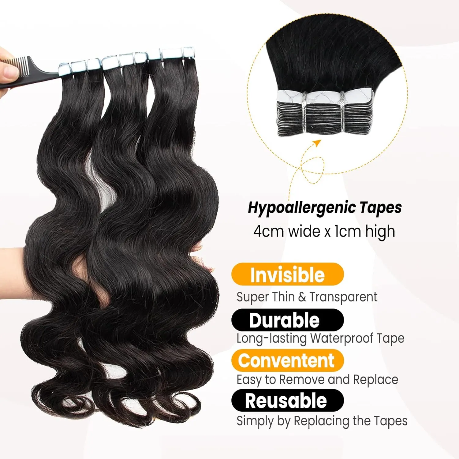 Wavy Tape in Hair Extensions Human Hair Natrual Black for Women 20 pcs Body Wave 3C Tape ins 24 Inch 50G