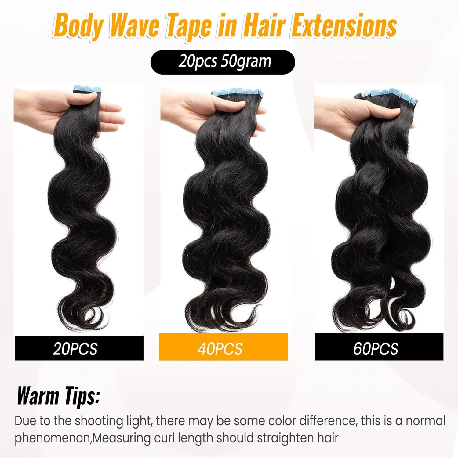 Wavy Tape in Hair Extensions Human Hair Natrual Black for Women 20 pcs Body Wave 3C Tape ins 24 Inch 50G