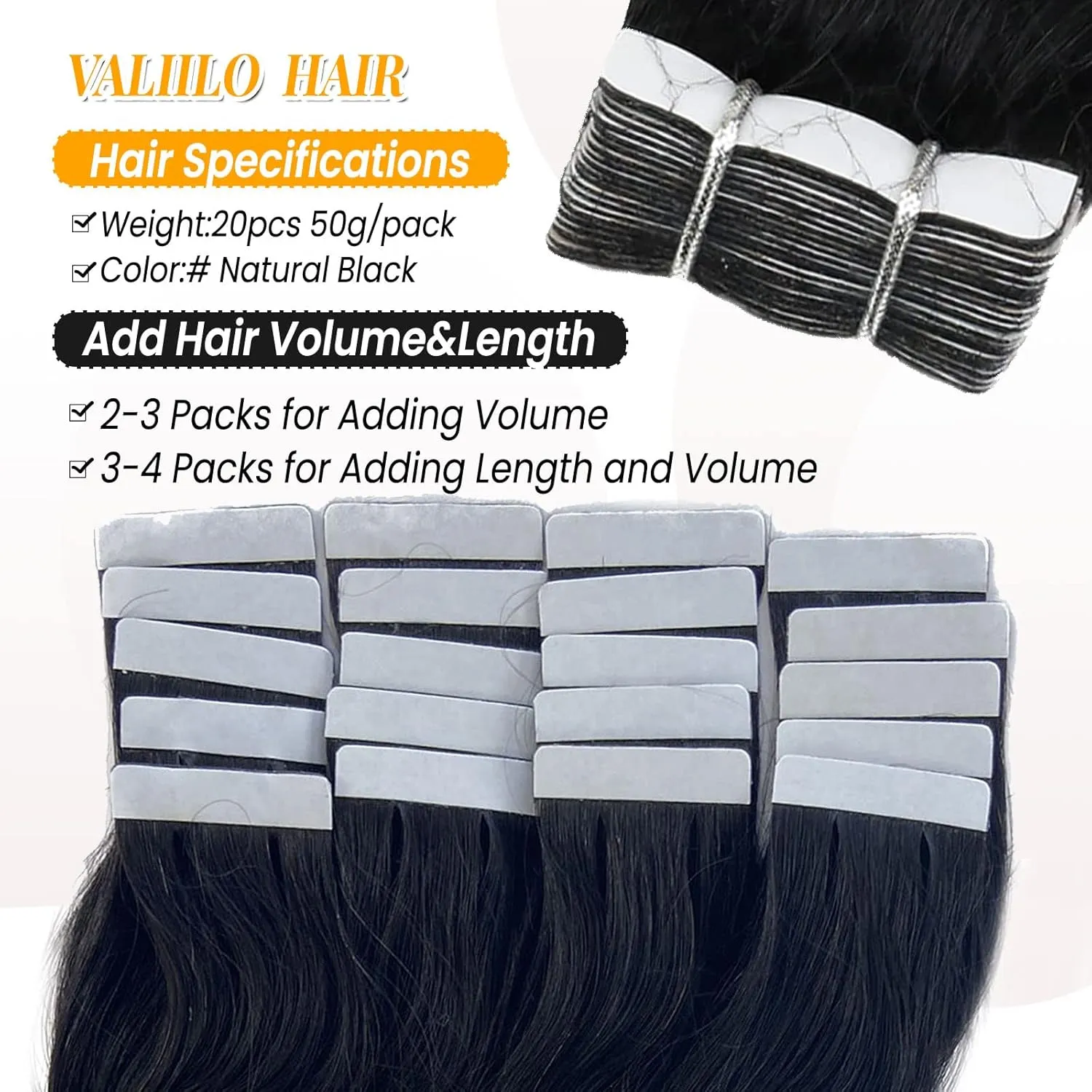 Wavy Tape in Hair Extensions Human Hair Natrual Black for Women 20 pcs Body Wave 3C Tape ins 24 Inch 50G