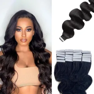 Wavy Tape in Hair Extensions Human Hair Natrual Black for Women 20 pcs Body Wave 3C Tape ins 24 Inch 50G