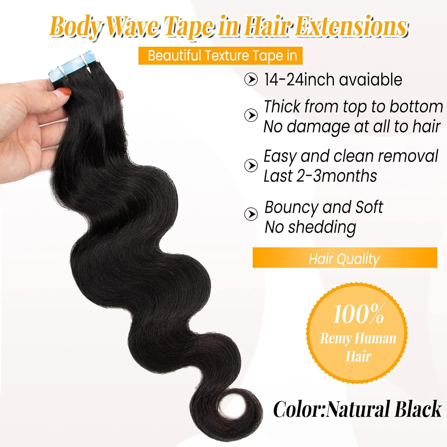 Wavy Tape in Hair Extensions Human Hair Natrual Black for Women 20 pcs Body Wave 3C Tape ins 24 Inch 50G