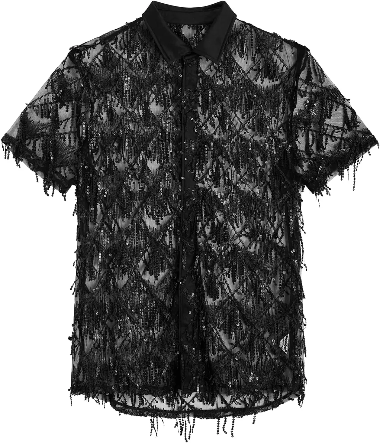 WDIRARA Men's Sequin Decor Fringe Button Front Shirts Short Sleeve Sheer Party T Shirt