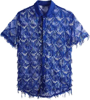 WDIRARA Men's Sequin Decor Fringe Button Front Shirts Short Sleeve Sheer Party T Shirt