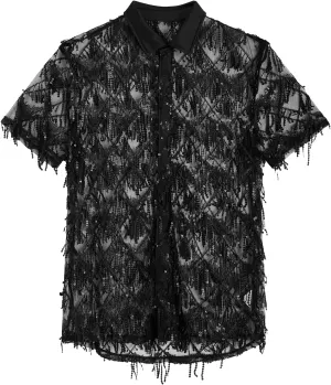 WDIRARA Men's Sequin Decor Fringe Button Front Shirts Short Sleeve Sheer Party T Shirt