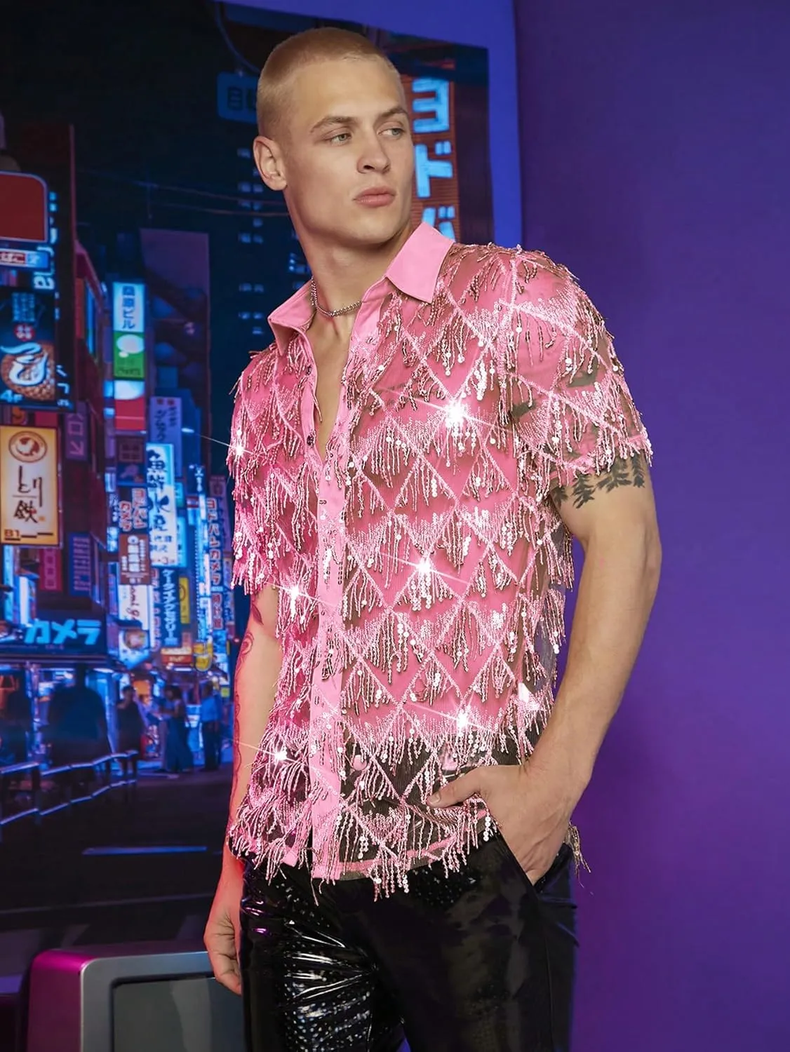 WDIRARA Men's Sequin Decor Fringe Button Front Shirts Short Sleeve Sheer Party T Shirt