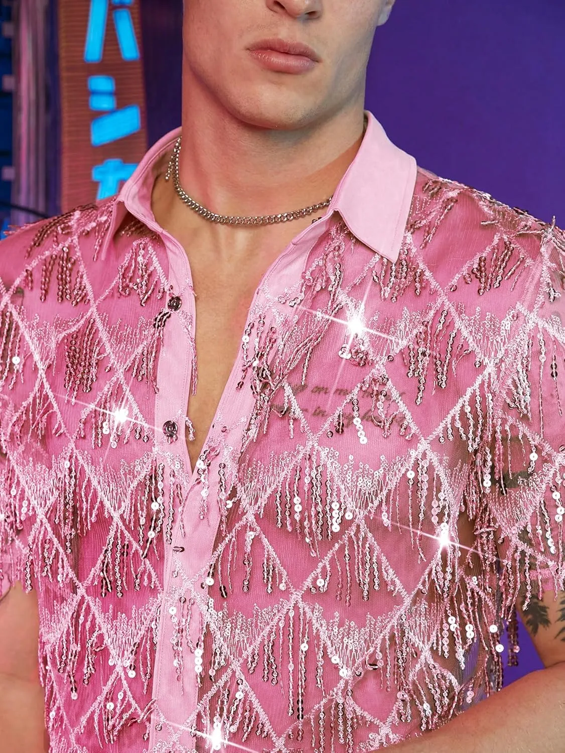 WDIRARA Men's Sequin Decor Fringe Button Front Shirts Short Sleeve Sheer Party T Shirt