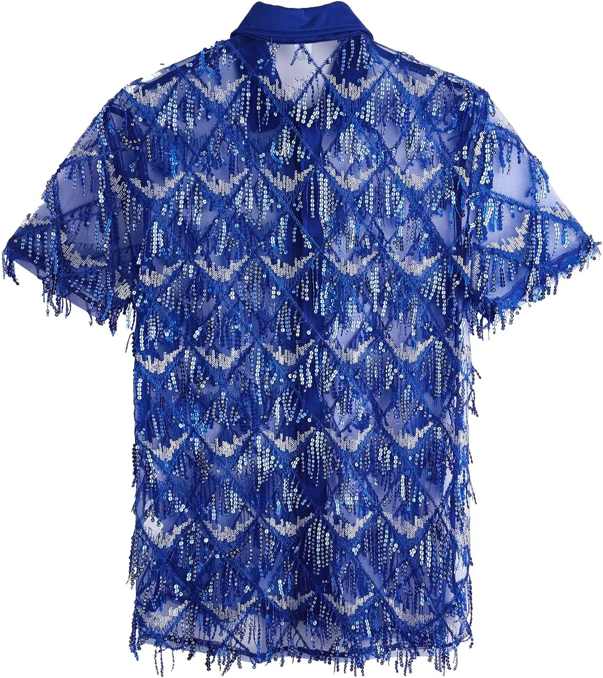 WDIRARA Men's Sequin Decor Fringe Button Front Shirts Short Sleeve Sheer Party T Shirt