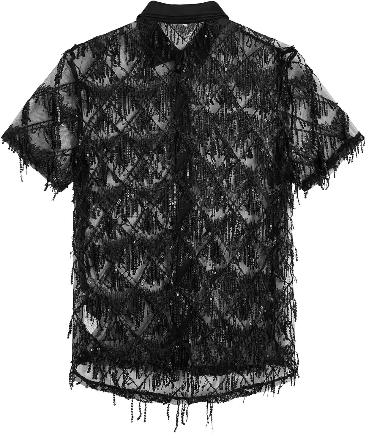 WDIRARA Men's Sequin Decor Fringe Button Front Shirts Short Sleeve Sheer Party T Shirt