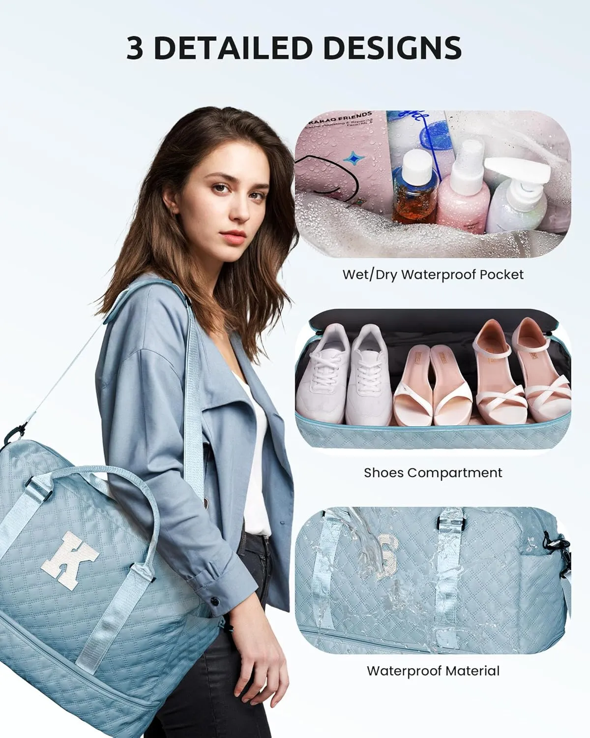 Weekend Bag | Personalized Monogram & Wet Pocket | Lady's Overnight Travel Carrier with Makeup Bag as Gift