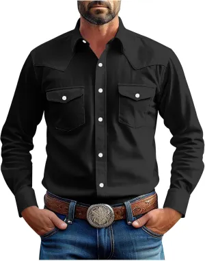 Western Cowboy Shirts for Men Pearl Snap Button Down Cotton Work T-Shirt Men's Casual Shirt Jacket with Two Pockets