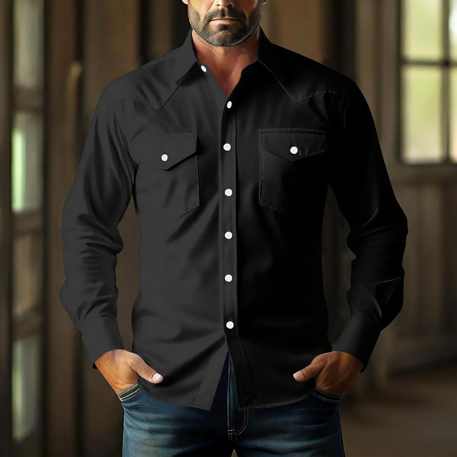 Western Cowboy Shirts for Men Pearl Snap Button Down Cotton Work T-Shirt Men's Casual Shirt Jacket with Two Pockets