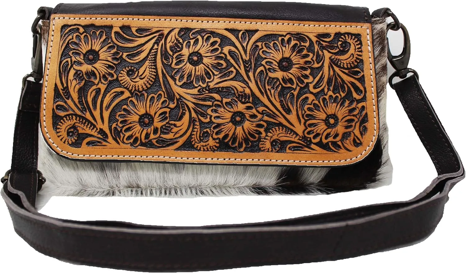 Western Cowhide Poker Card Aces Floral Tooled Leather Purse Shoulder Crossbody Bag w/Fringe