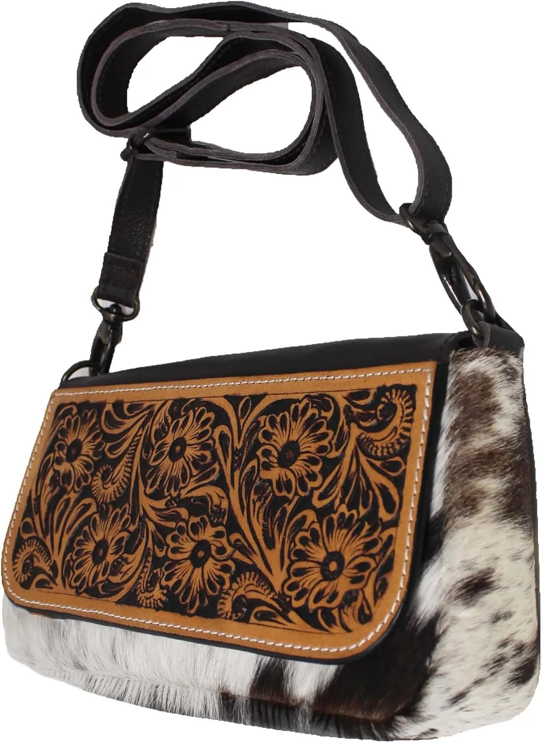 Western Cowhide Poker Card Aces Floral Tooled Leather Purse Shoulder Crossbody Bag w/Fringe