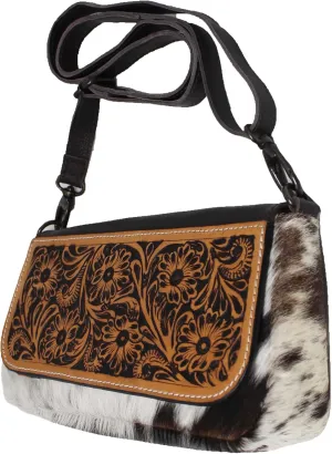 Western Cowhide Poker Card Aces Floral Tooled Leather Purse Shoulder Crossbody Bag w/Fringe