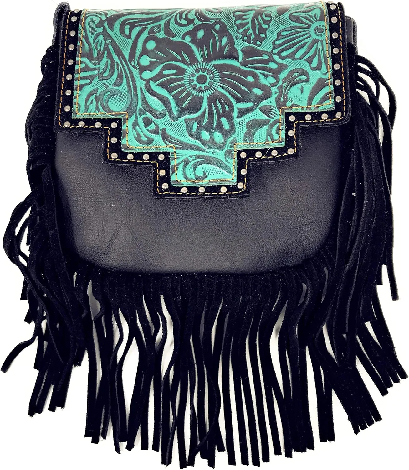 Western Genuine Leather Floral Tooled Fringe Womens Crossbody Bag 3 Color