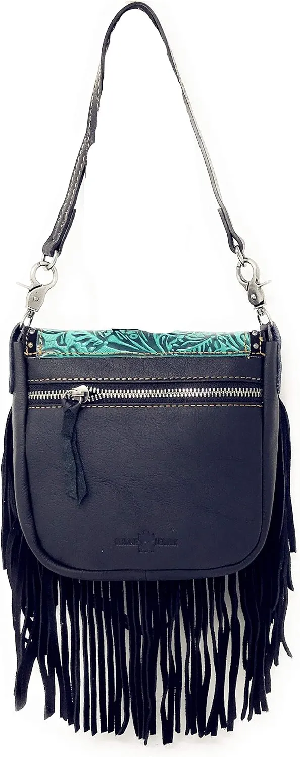 Western Genuine Leather Floral Tooled Fringe Womens Crossbody Bag 3 Color
