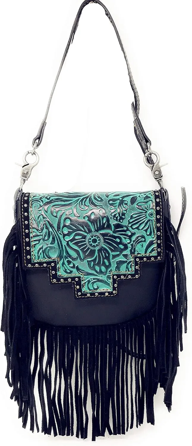Western Genuine Leather Floral Tooled Fringe Womens Crossbody Bag 3 Color