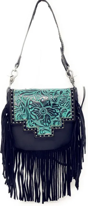 Western Genuine Leather Floral Tooled Fringe Womens Crossbody Bag 3 Color