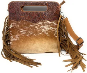 Western Genuine Tooled Leather Cowhide Fur Fringe Women's Crossbody Chain Bag/Purse