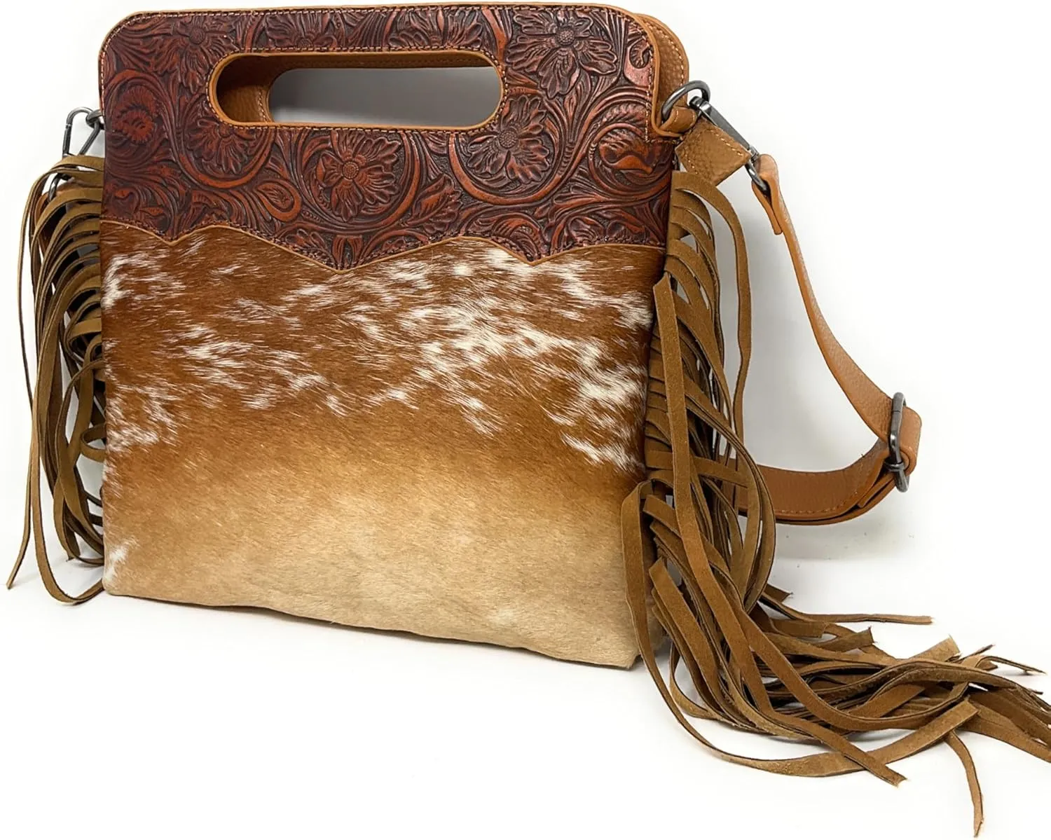 Western Genuine Tooled Leather Cowhide Fur Fringe Women's Crossbody Chain Bag/Purse