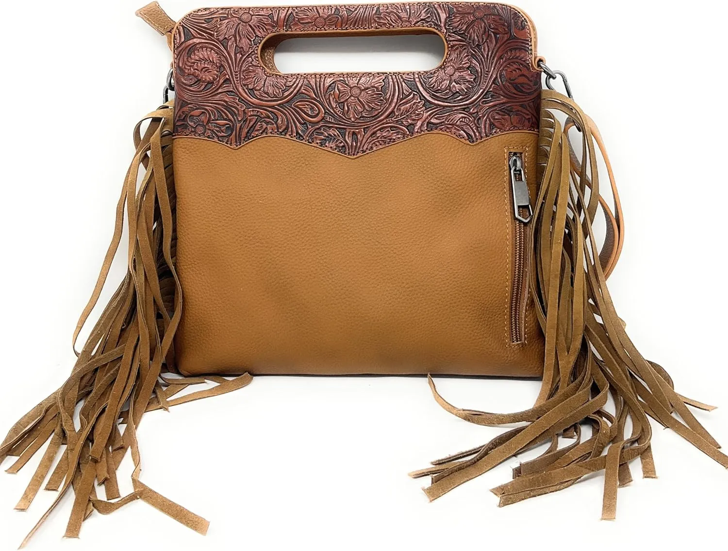 Western Genuine Tooled Leather Cowhide Fur Fringe Women's Crossbody Chain Bag/Purse