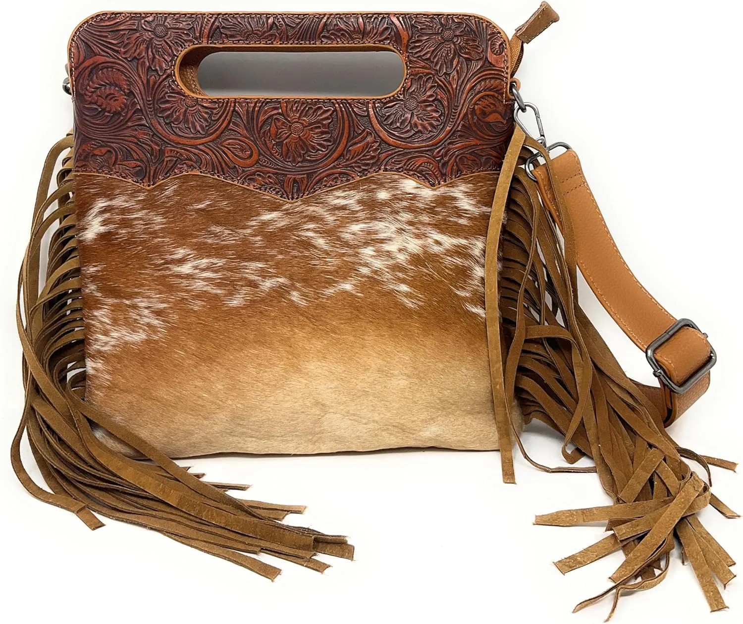 Western Genuine Tooled Leather Cowhide Fur Fringe Women's Crossbody Chain Bag/Purse