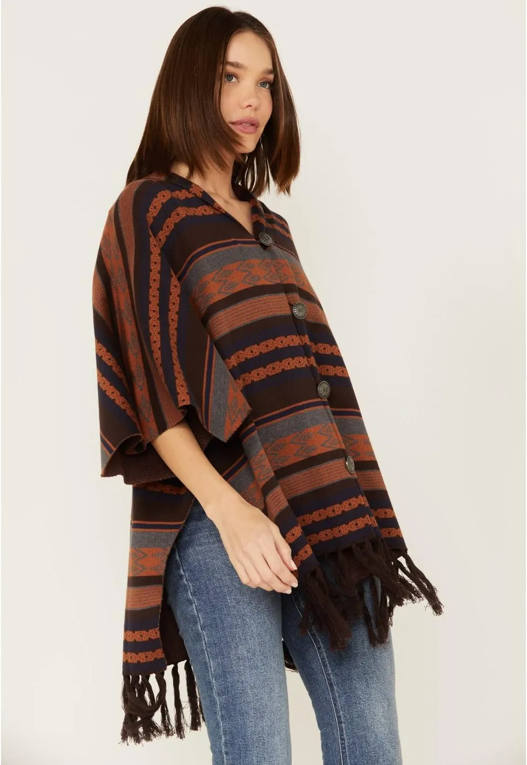 Western Poncho Womens Tassel Hem Concho Buttons CWK7410001