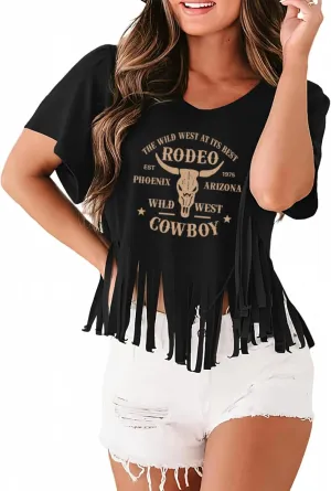 Western Rodeo Fringe Shirts for Women Cowgirl Cowboy Tshirt Cow Skull Vintage Country Music Graphic Tees Tassel Tops