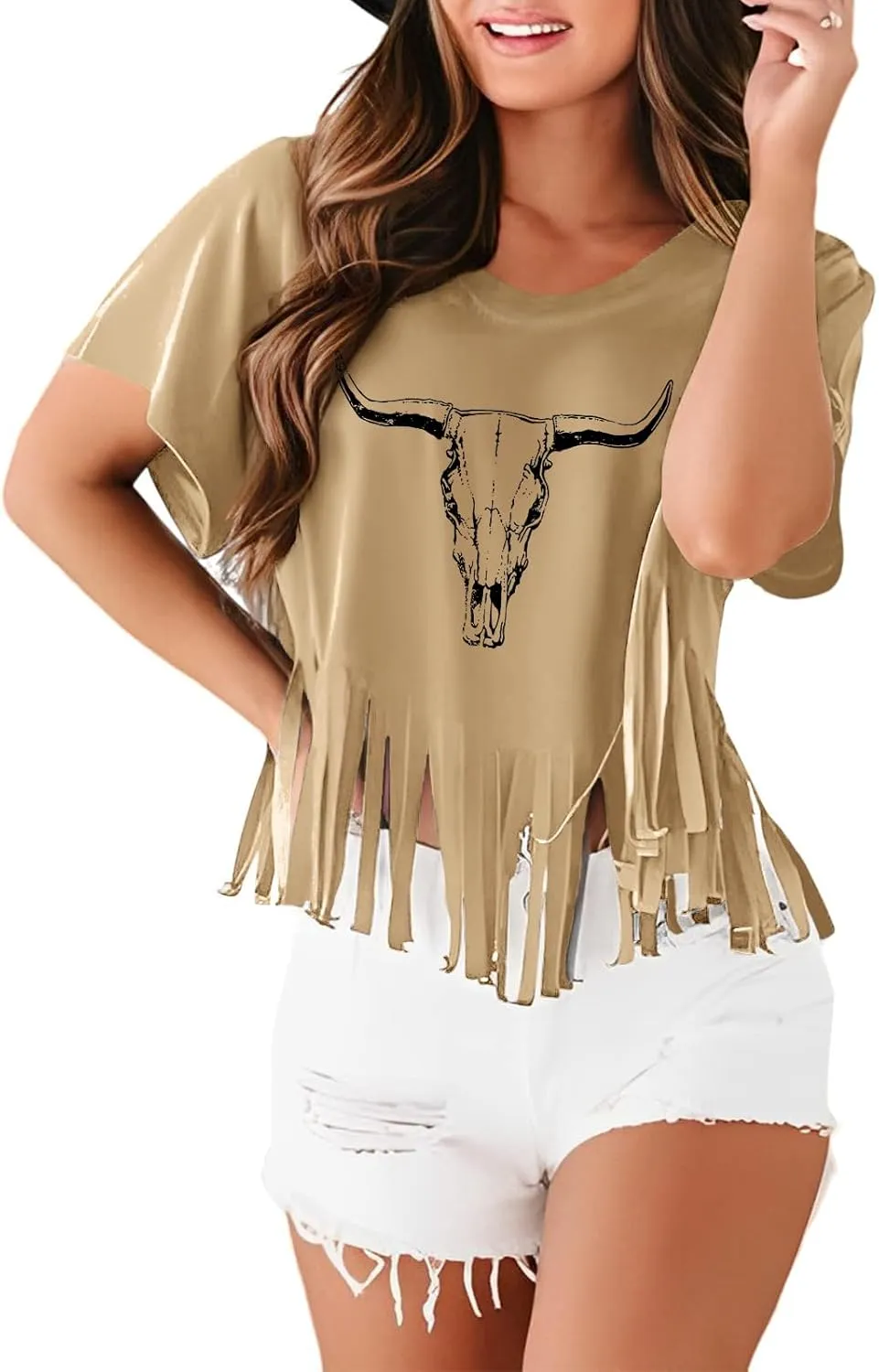 Western Rodeo Fringe Shirts for Women Cowgirl Cowboy Tshirt Cow Skull Vintage Country Music Graphic Tees Tassel Tops