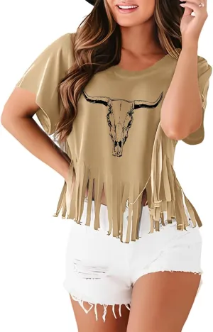 Western Rodeo Fringe Shirts for Women Cowgirl Cowboy Tshirt Cow Skull Vintage Country Music Graphic Tees Tassel Tops