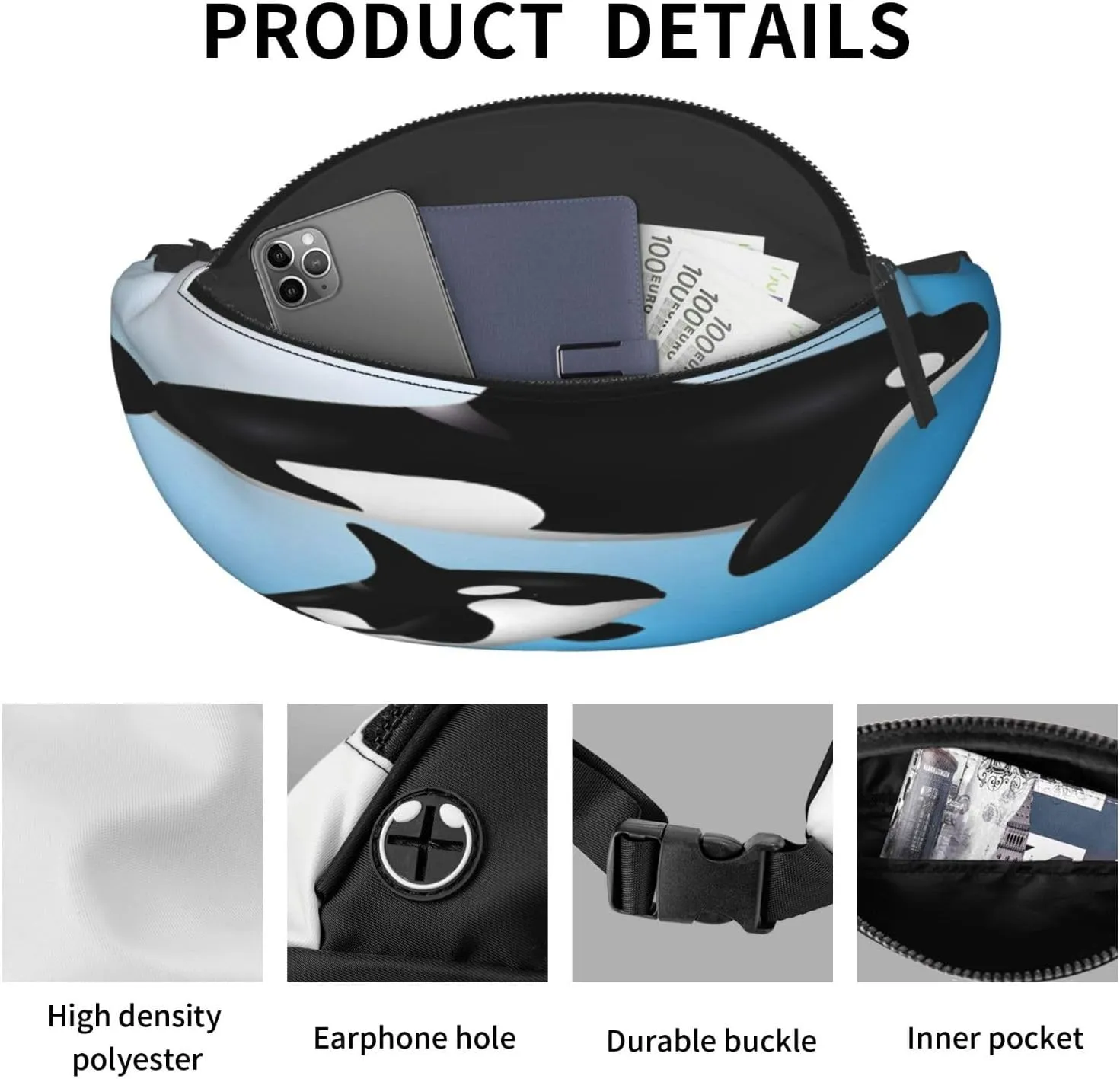 Whale 63 Fanny Pack, Crossbody Waist Packs for Women Men Waist Bags with Adjustable Strap for Travel Running Hiking Sport