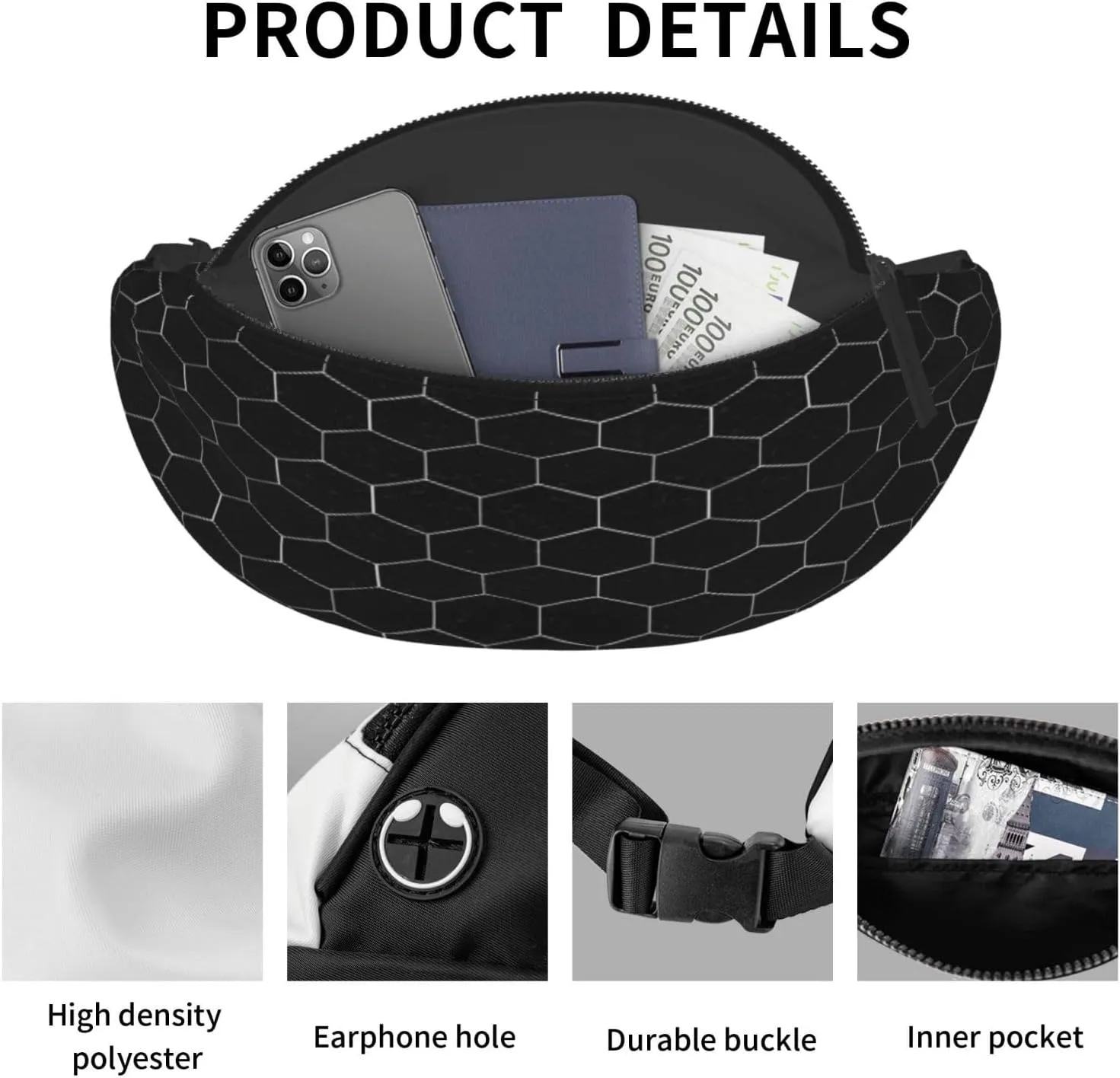 White Hexagonal Fanny Pack, Crossbody Waist Packs for Women Men Waist Bags with Adjustable Strap for Travel Running Hiking Sport