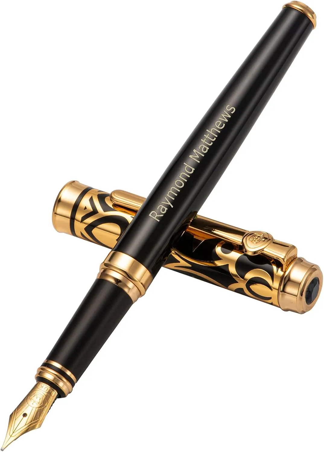 Wikult Personalized Duke Sapphire Fountain Pen Fine Nib Gold Trim Customized Pen Gift with Small Pen Bag, Engraved with Your Name