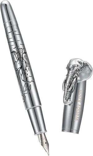 Wikult Personalized Fuliwen Fountain Pen Medium Nib, Sliver Stainless Steel Body Elephant Pattern, Customized Pen Gift with Small Pen Bag, Engraved with Your Name