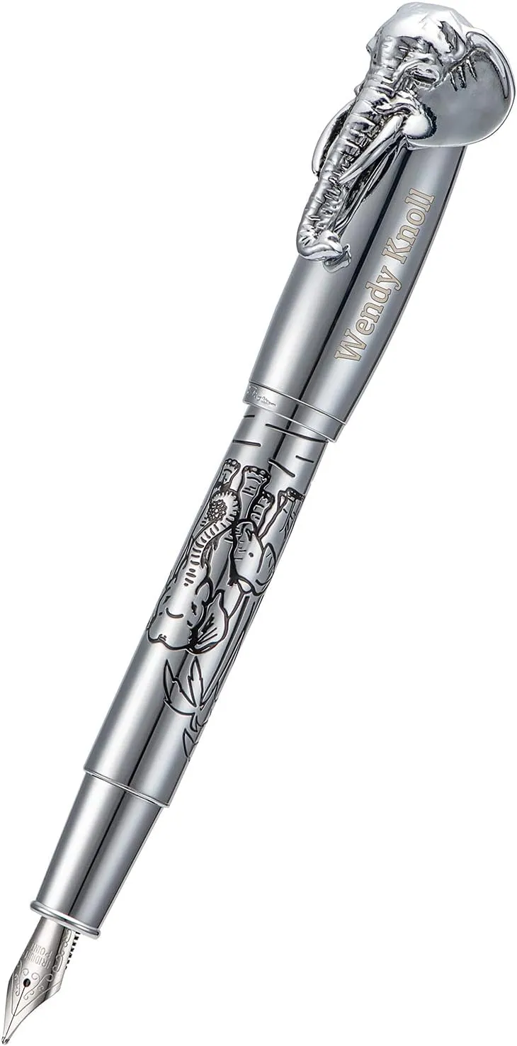 Wikult Personalized Fuliwen Fountain Pen Medium Nib, Sliver Stainless Steel Body Elephant Pattern, Customized Pen Gift with Small Pen Bag, Engraved with Your Name