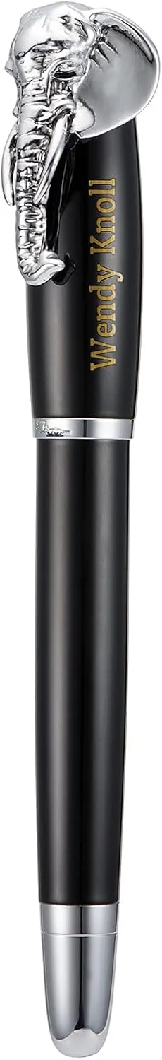 Wikult Personalized Fuliwen Rollerball Pen, Black Elephant Pattern, Customized Pen Gift with Small Pen Bag, Engraved with Your Name