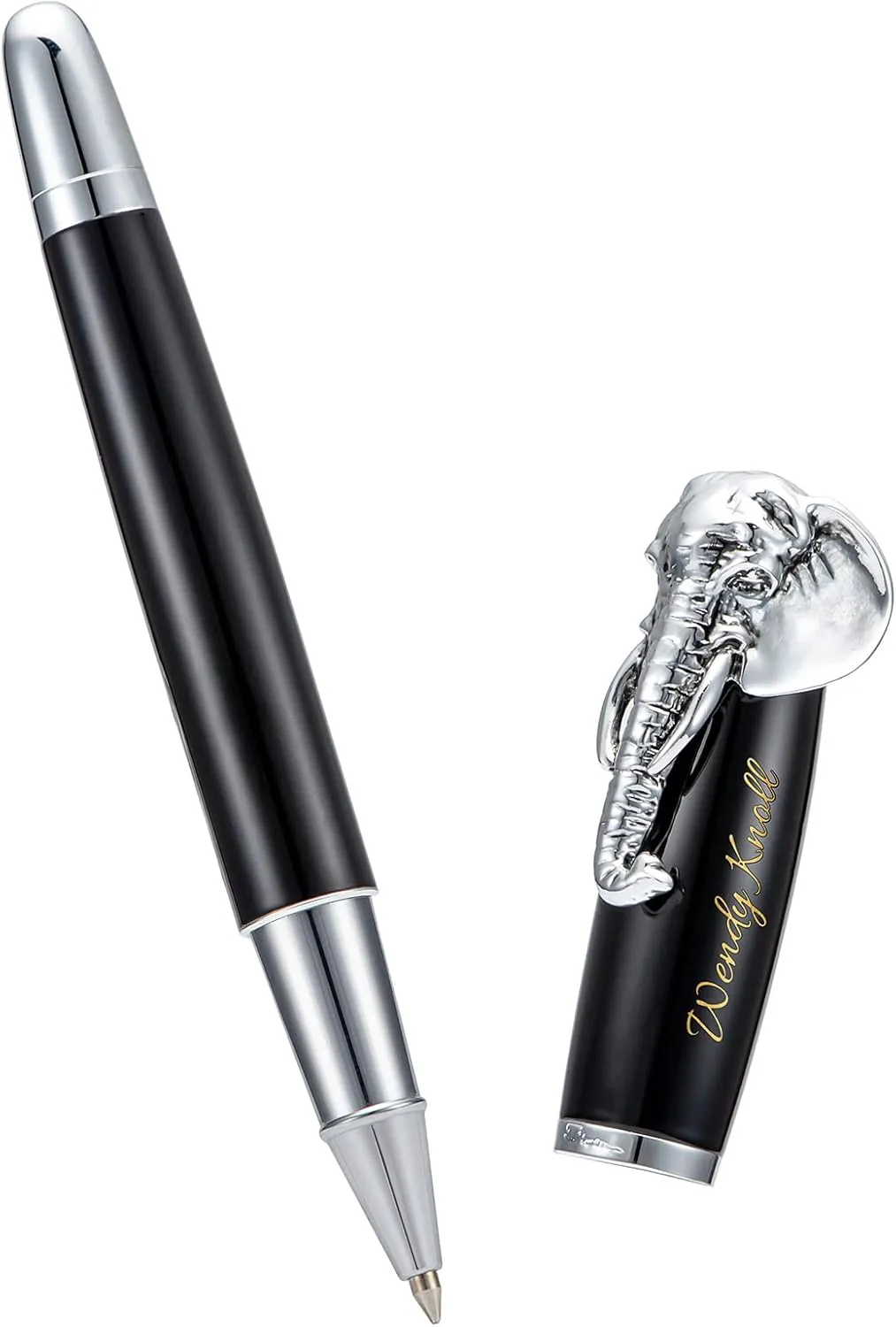 Wikult Personalized Fuliwen Rollerball Pen, Black Elephant Pattern, Customized Pen Gift with Small Pen Bag, Engraved with Your Name