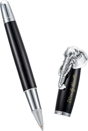 Wikult Personalized Fuliwen Rollerball Pen, Black Elephant Pattern, Customized Pen Gift with Small Pen Bag, Engraved with Your Name