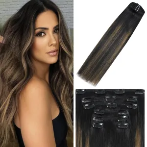 WindTouch Clip In Hair Extensions Human Hair Balayage Natural Black to Chestnut Brown 18Inch 75g #1BT6P1B 7PCS