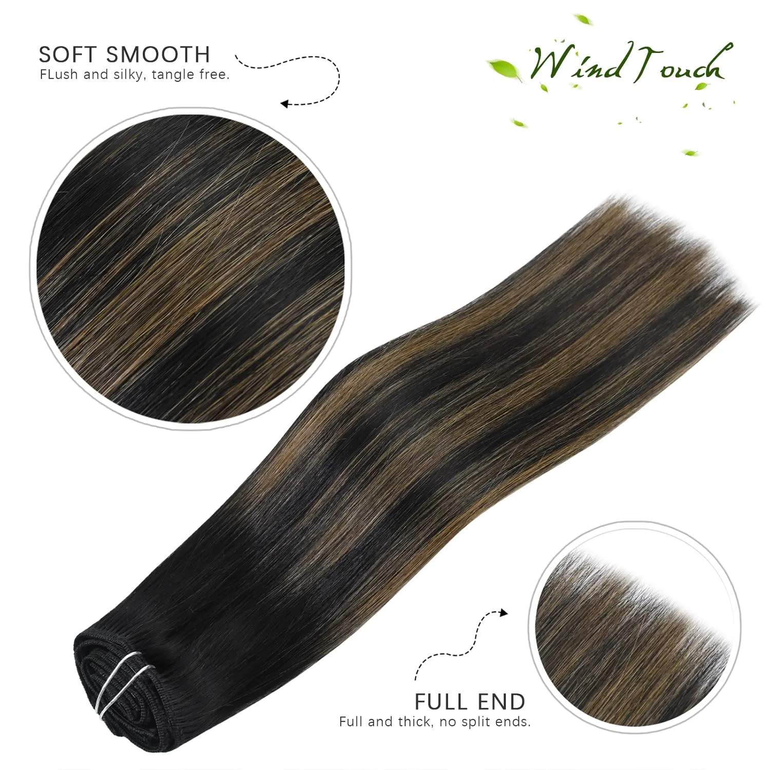 WindTouch Clip In Hair Extensions Human Hair Balayage Natural Black to Chestnut Brown 18Inch 75g #1BT6P1B 7PCS