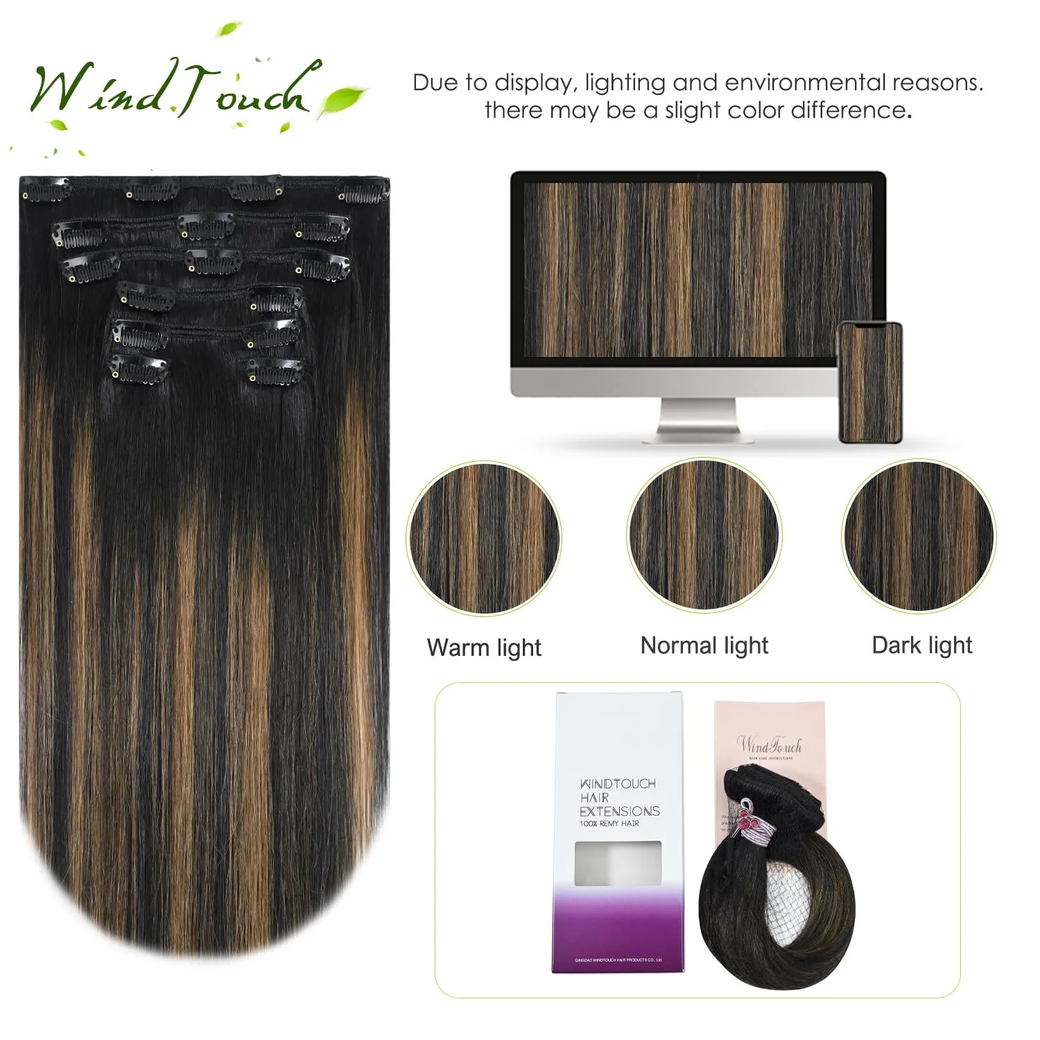 WindTouch Clip In Hair Extensions Human Hair Balayage Natural Black to Chestnut Brown 18Inch 75g #1BT6P1B 7PCS
