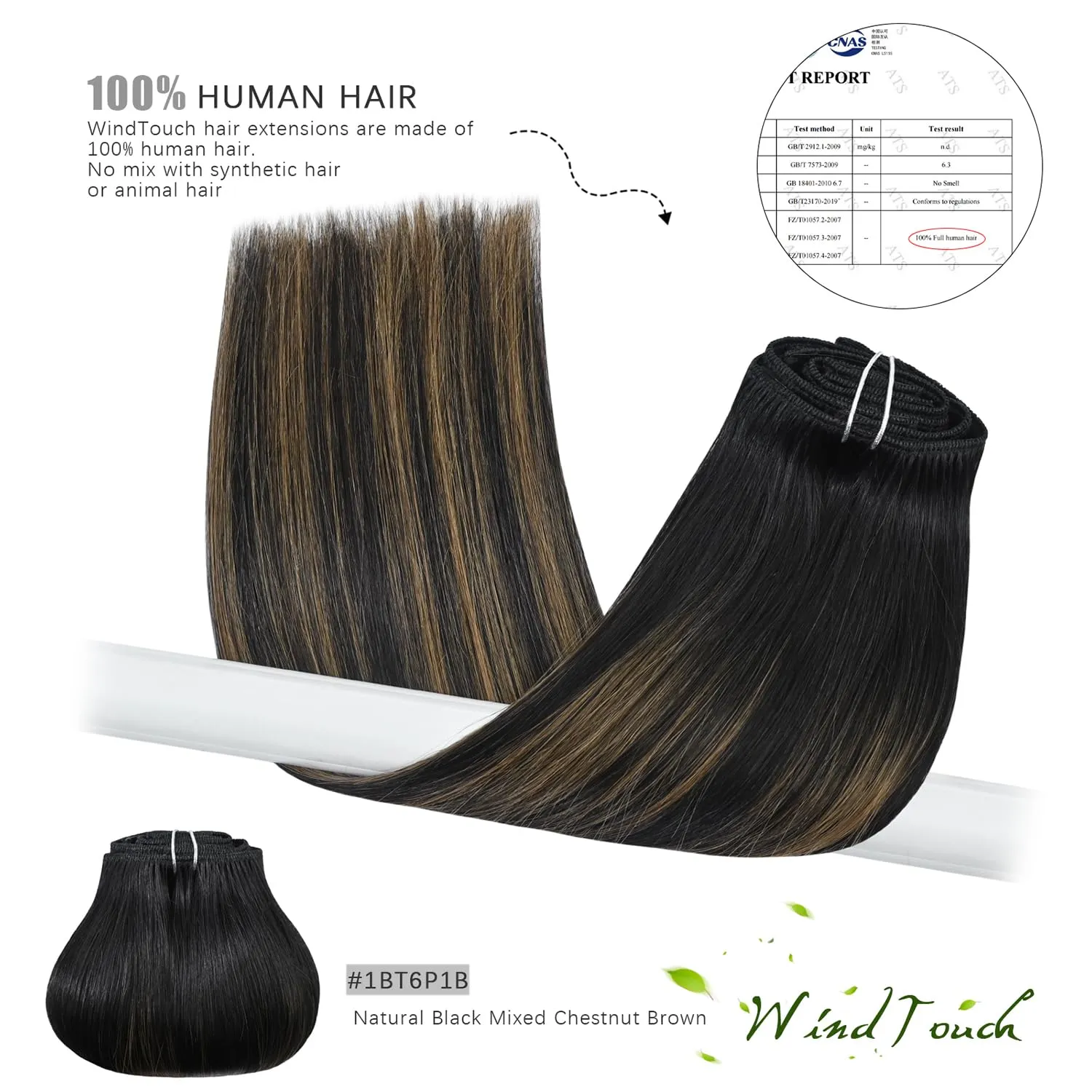 WindTouch Clip In Hair Extensions Human Hair Balayage Natural Black to Chestnut Brown 18Inch 75g #1BT6P1B 7PCS
